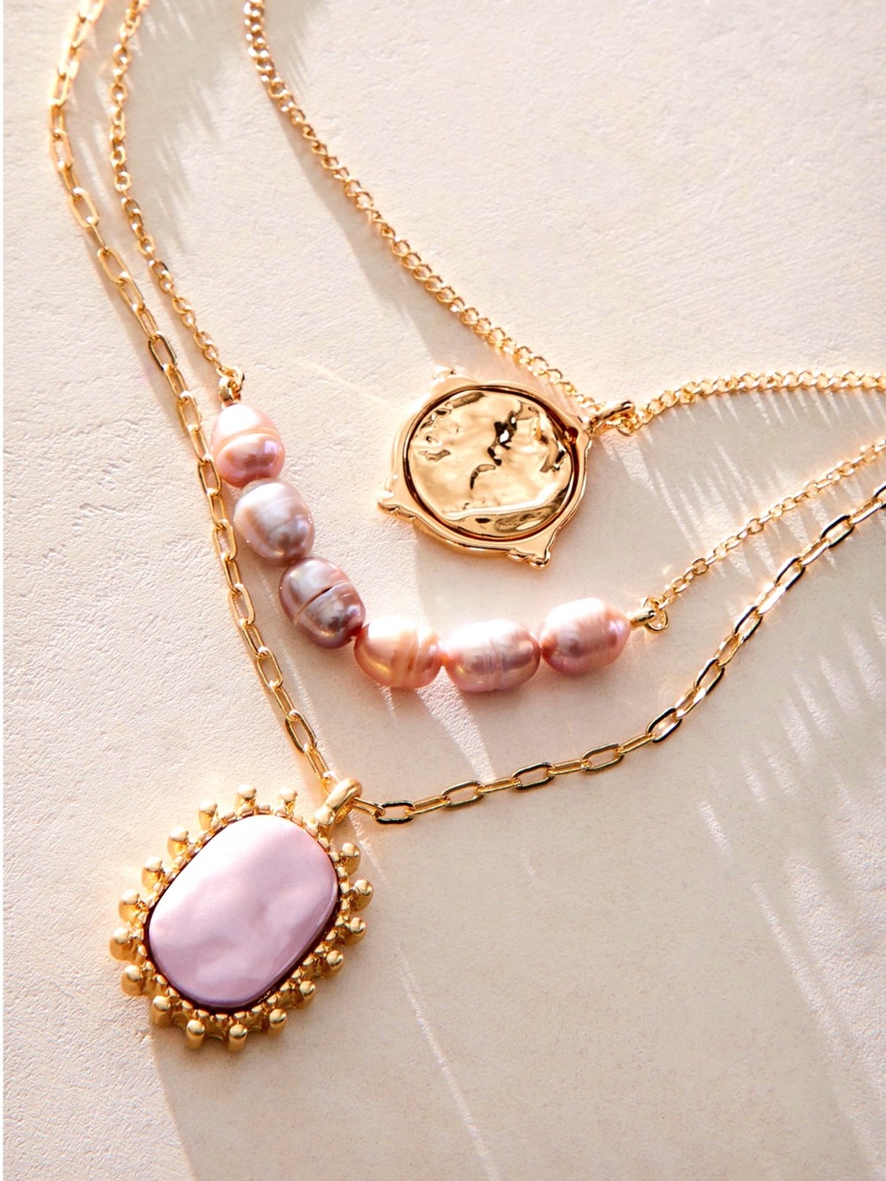 NWT Free People Gold & Pink Waverly Layered Pendant Necklace